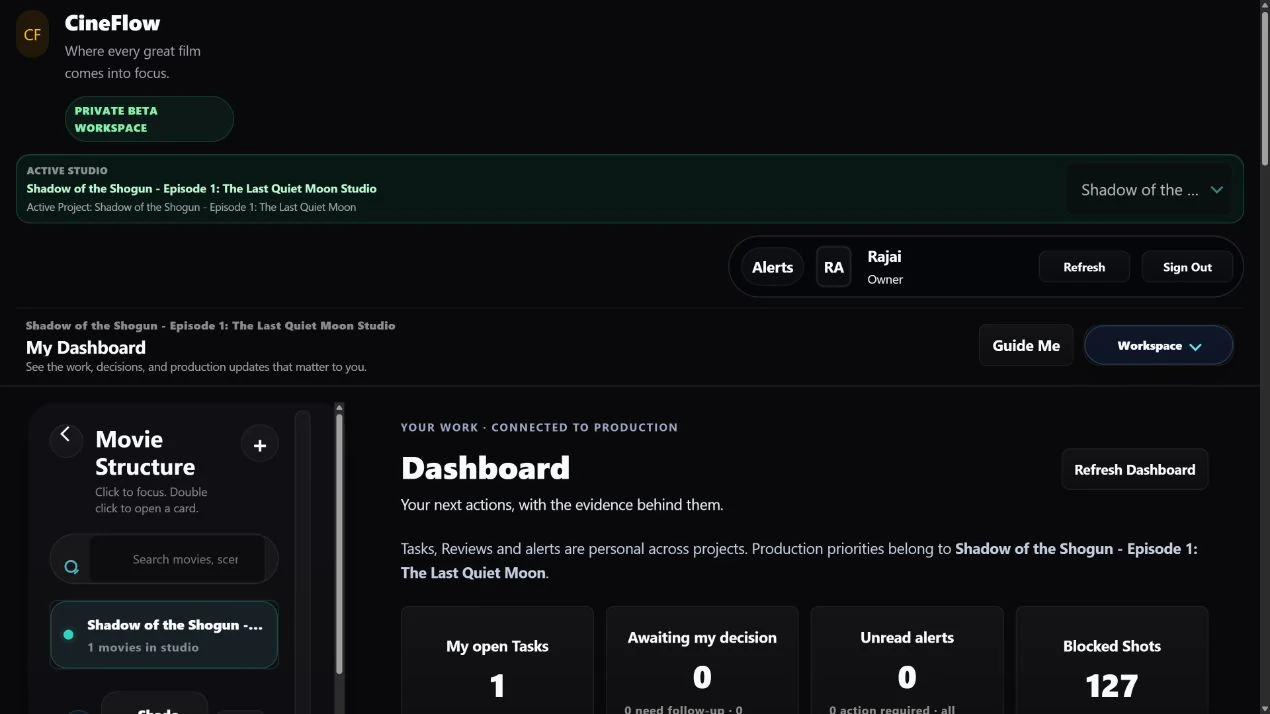 CineFlow production dashboard with movie structure, tasks and review status