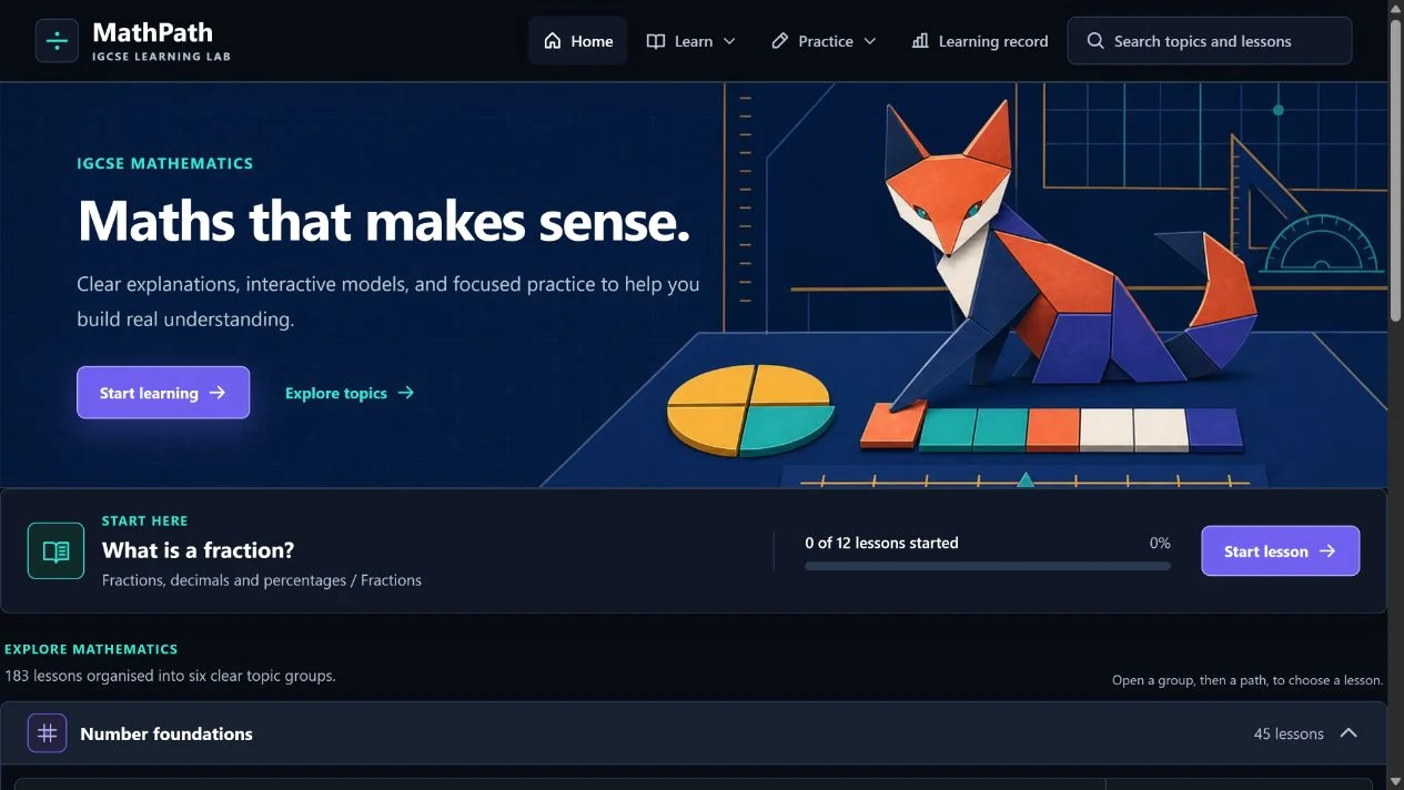 MathPath learning home with mathematics topics and a geometric fox illustration