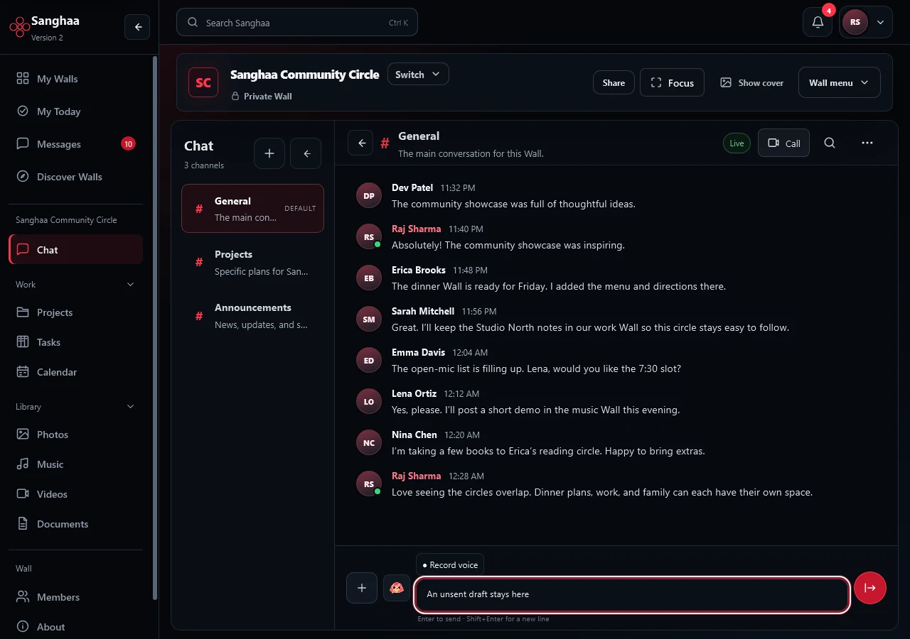 Sanghaa community Wall showing chat channels and shared workspace navigation