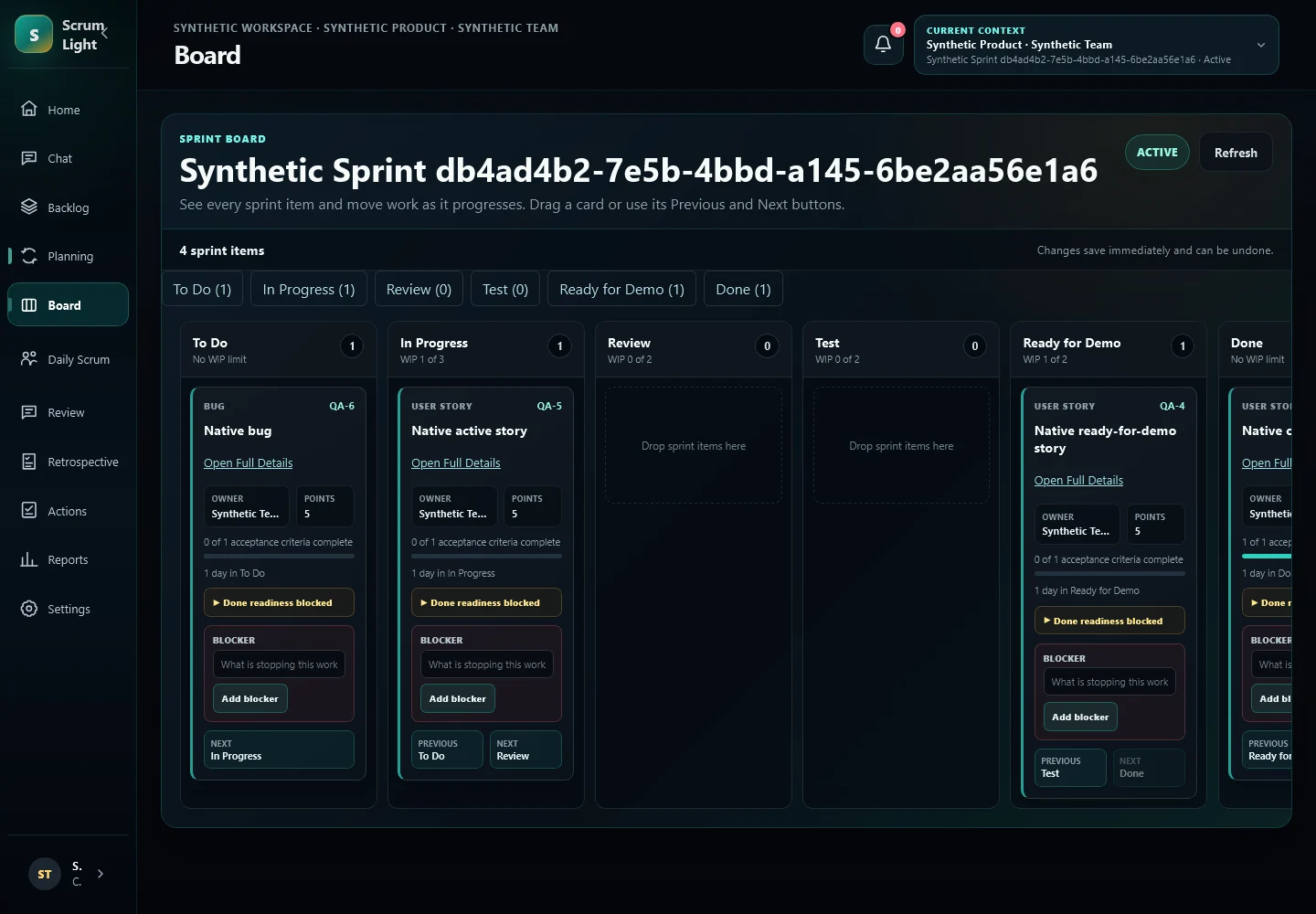 Scrum Lite sprint board with To Do, In Progress, Review, Test, Ready for Demo and Done columns